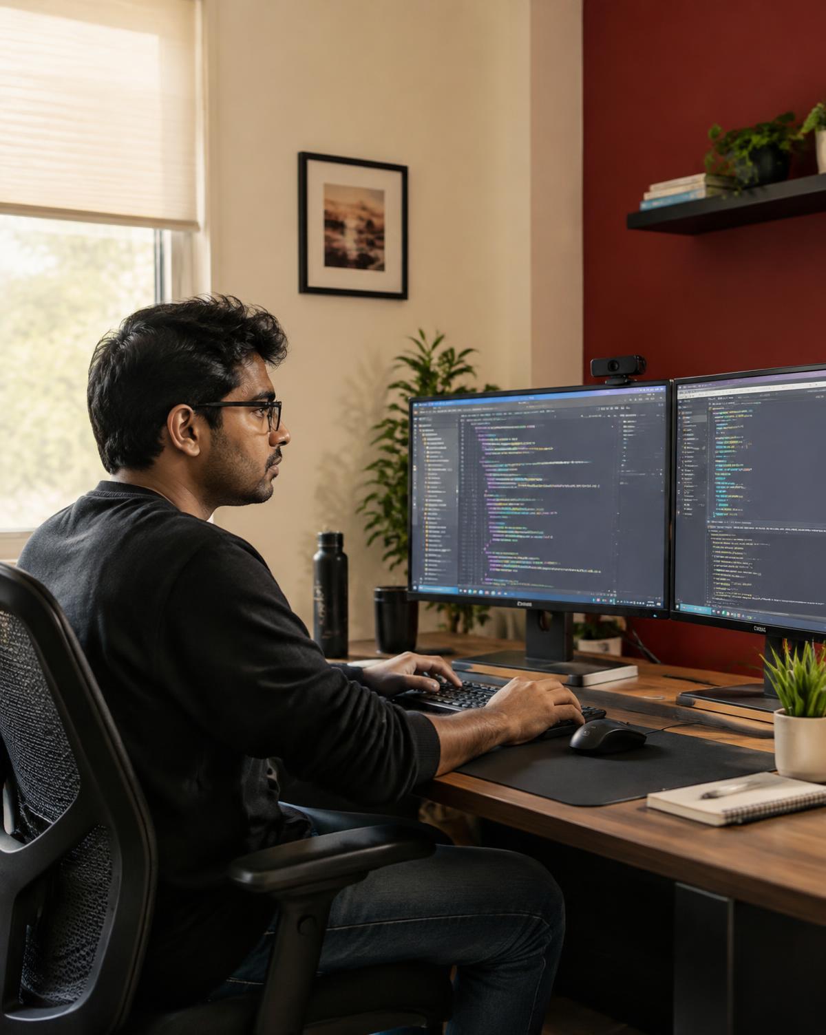 Software engineer reviewing code across two monitors