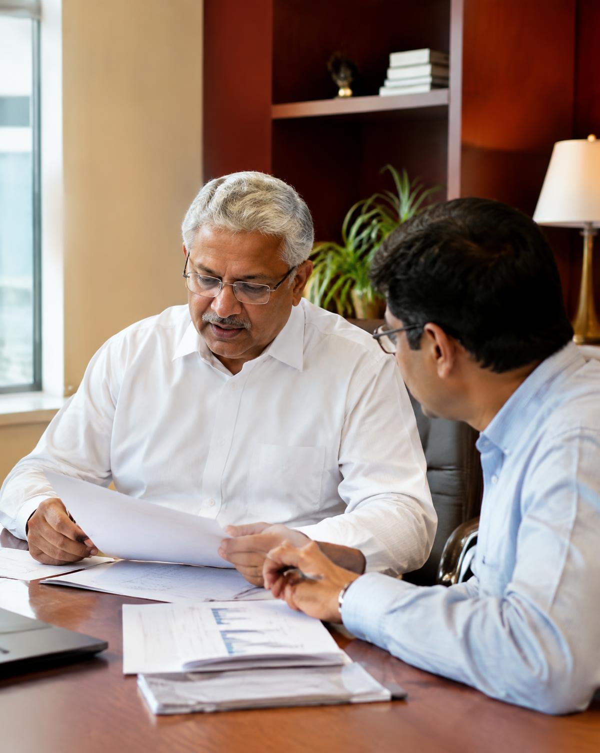 Operations managers reviewing financial reports together