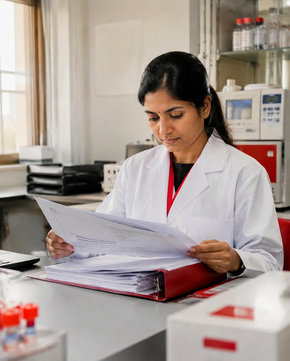 Pharmaceutical scientist reviewing regulatory documents in a lab